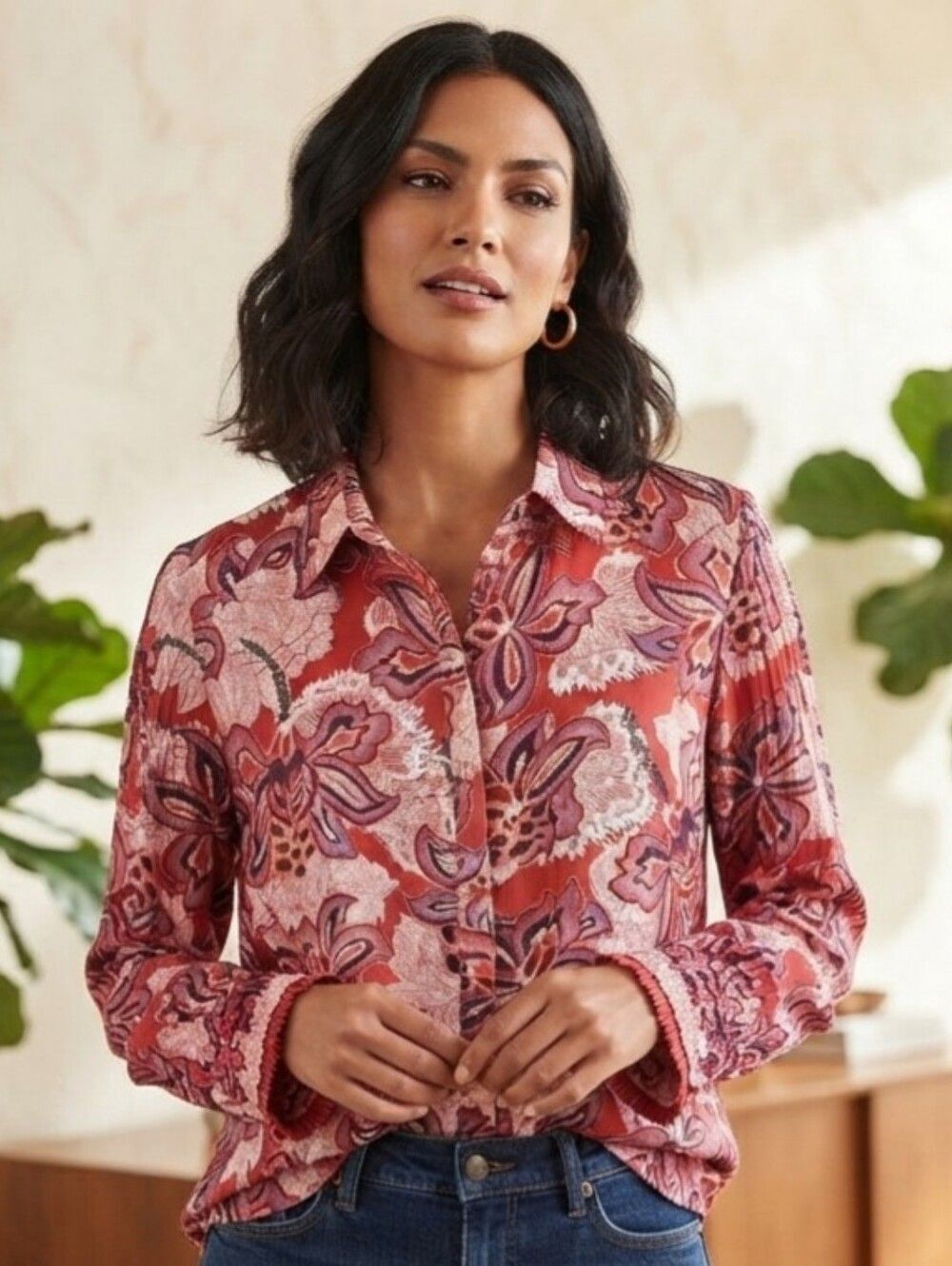 Chico's Pink Red Floral Paisley Pleated Button Down Blouse Top Size 0 Small NWOT